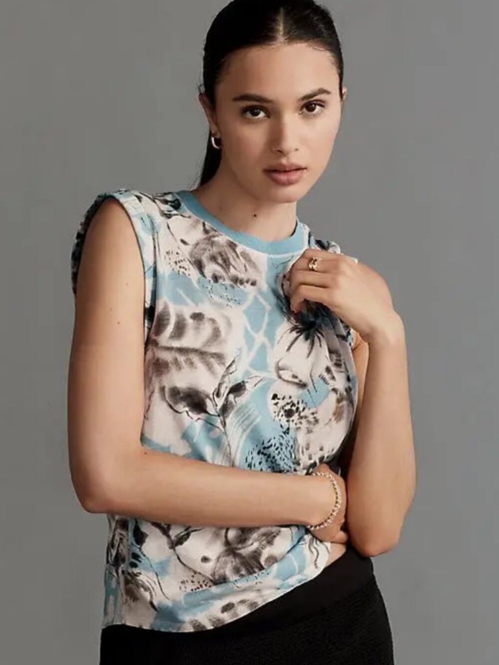 Anthropologie NWT Pilcro Blue Print Cotton Slub Muscle Tee Comfy Sporty Casual